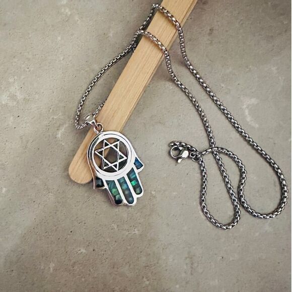 Sterling Silver Hamsa Pendant with Lab Opal & Star of David - Picture 2 of 6